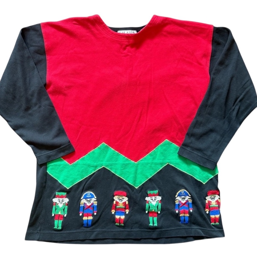 Red and Black Long Sleeve Sweater with Nutcracker Design